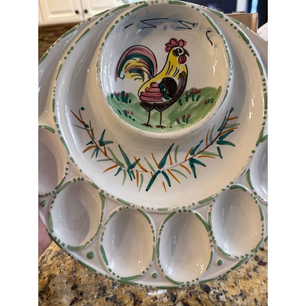 Vintage Italian Hand Painted Ceramic Rooster Deviled Egg Platter Made in Italy